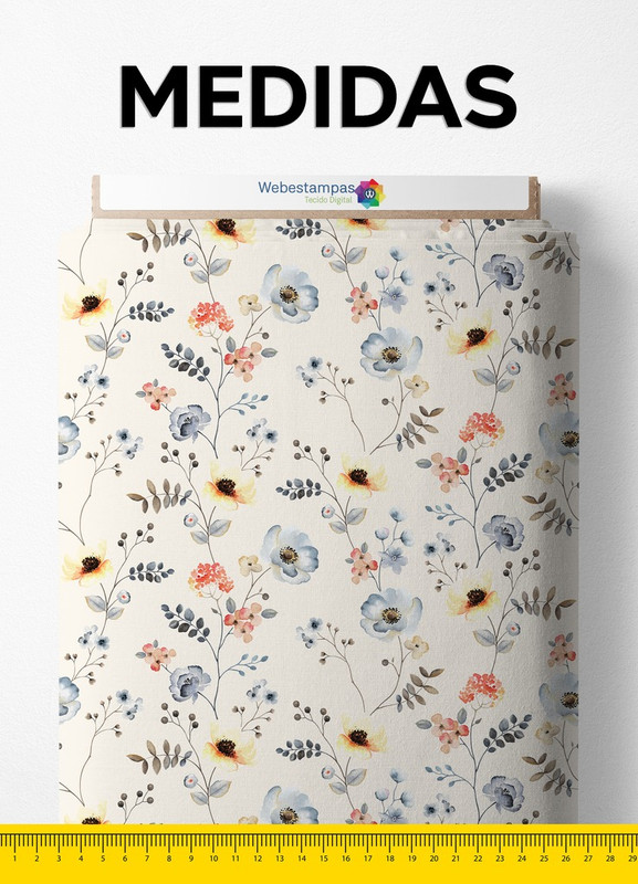 Tecido Oxford Estampa Digital Floral Aquarela Azul Fundo Branco 1,55m de Largura