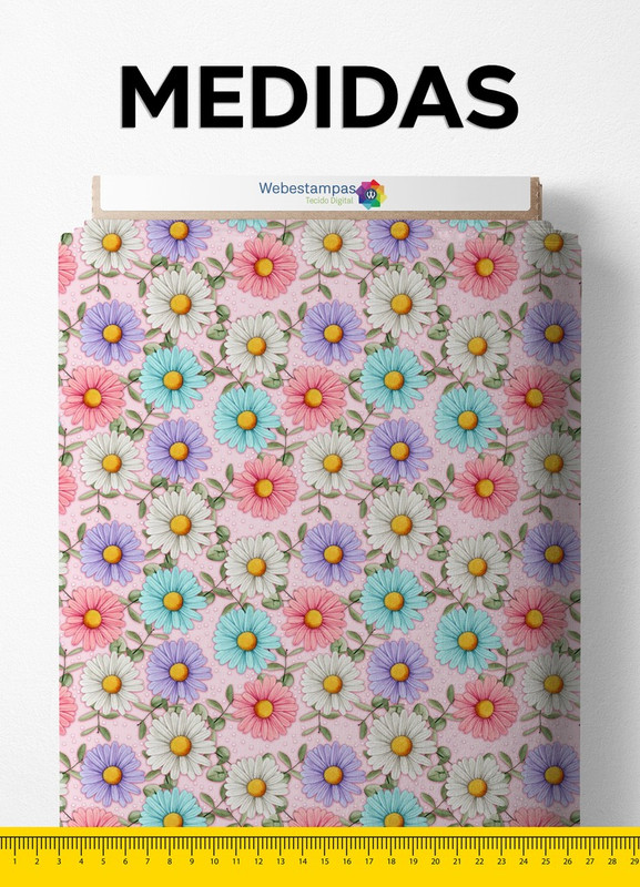 Tecido Oxford Estampa Digital Margarida Azul Rosa e Roxa 1,55m de Largura