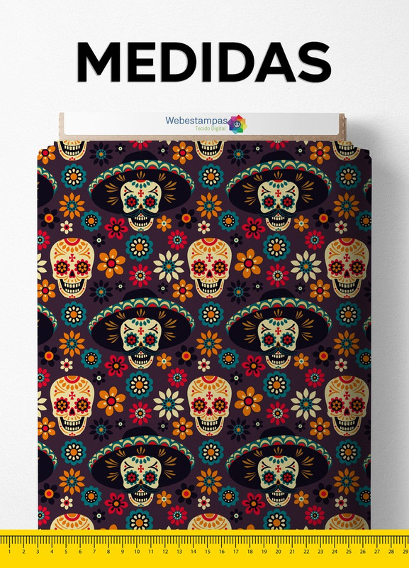Tecido Oxford Estampa Digital Caveira Mexicana Roxo e Azul 1,55m de Largura