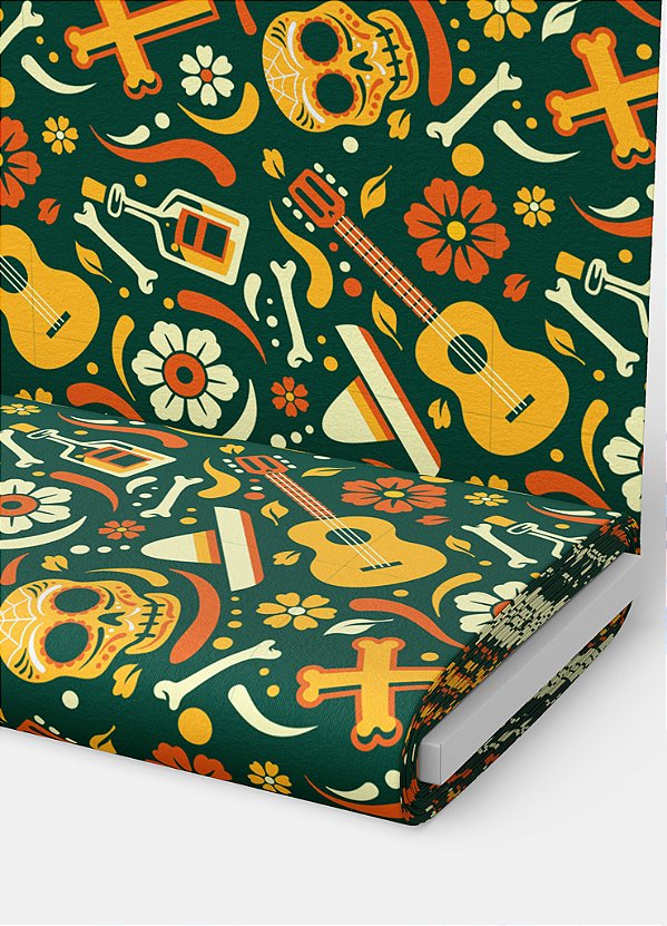 Tecido Oxford Estampa Digital Caveira Mexicana Violão Amarelo 1,55m de Largura