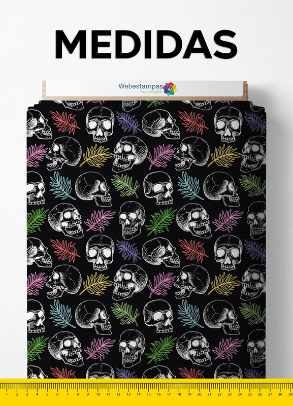 Tecido Oxford Estampa Digital Caveiras e Ramos Coloridos 1,55m de Largura