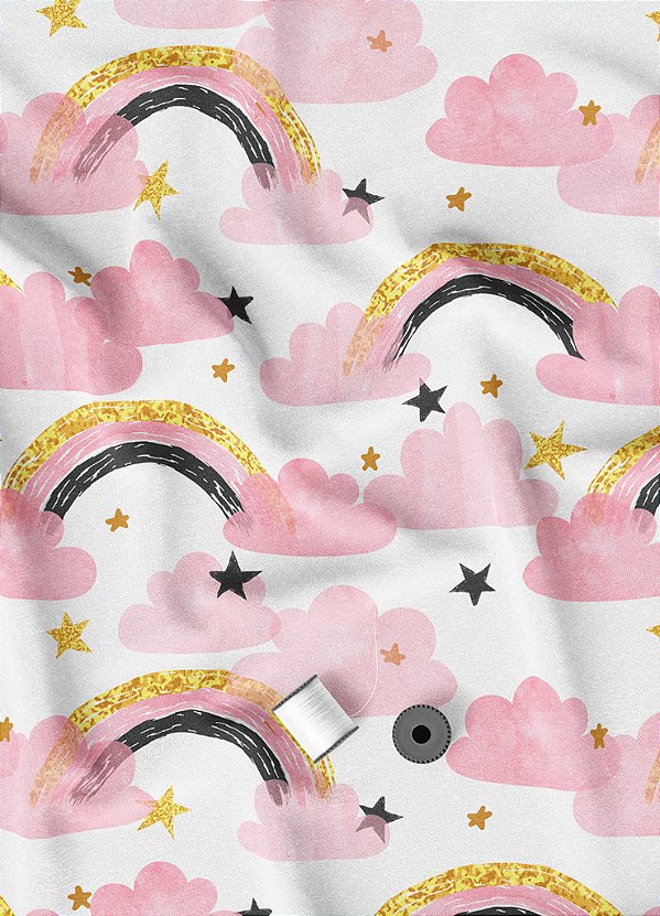 Tecido Oxford Estampa Digital Arco Iris Dourado e Nuvem Rosa 1,55m de Largura