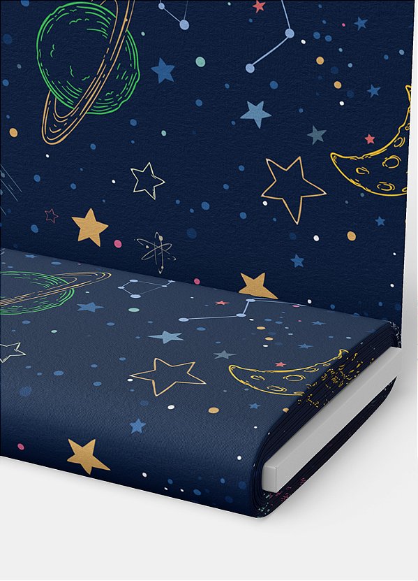 Tecido Oxford Estampa Digital Planetas Coloridos Fundo Marinho 1,55m de Largura