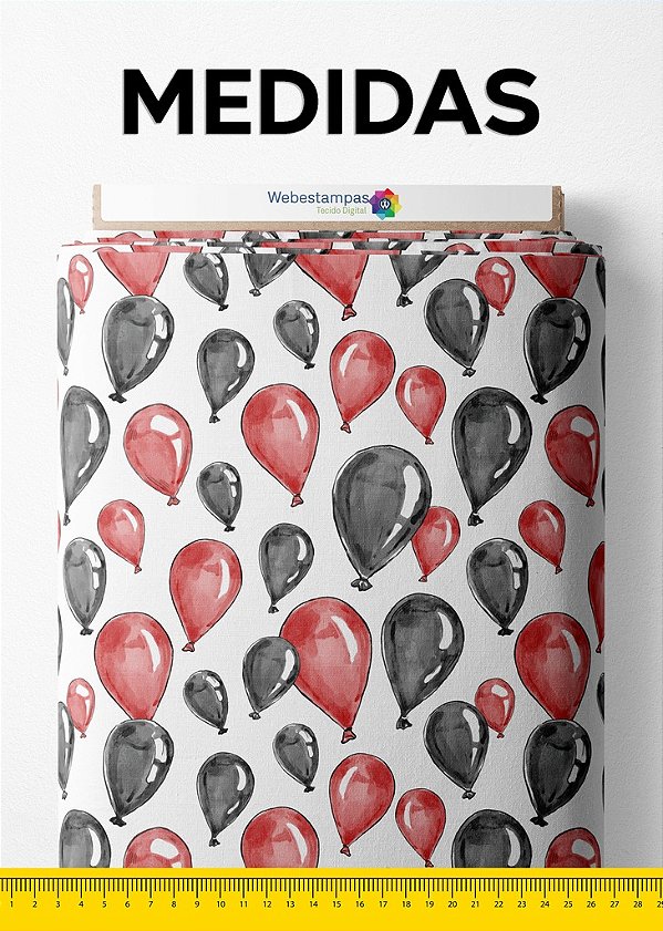 Tecido Helanca Estampa Digital Balões Vermelhos e Pretos 1,55m de Largura