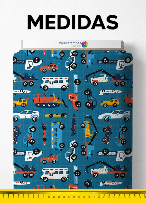 Tecido Helanca Estampa Digital Veículos Fundo Azul 1,55m de Largura