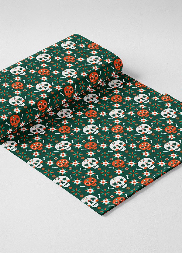 Tecido Helanca Estampa Digital Caveira Mexicana Fundo Verde 1,55m de Largura