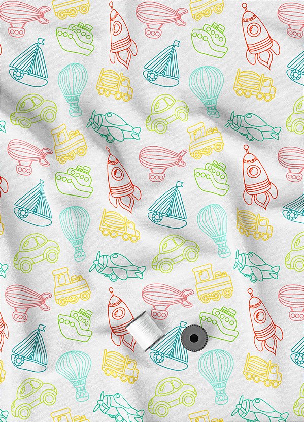 Tecido Helanca Estampa Digital Foguete e Barco 1,55m de Largura
