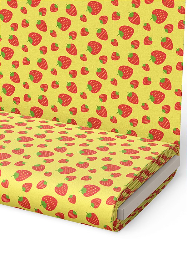Tecido Helanca Estampa Digital Mini Morango Fundo Amarelo 1,55m de Largura