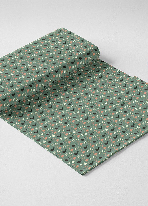 Tecido Helanca Estampa Digital Notas Musicais Fundo Verde Musgo 1,55m de Largura