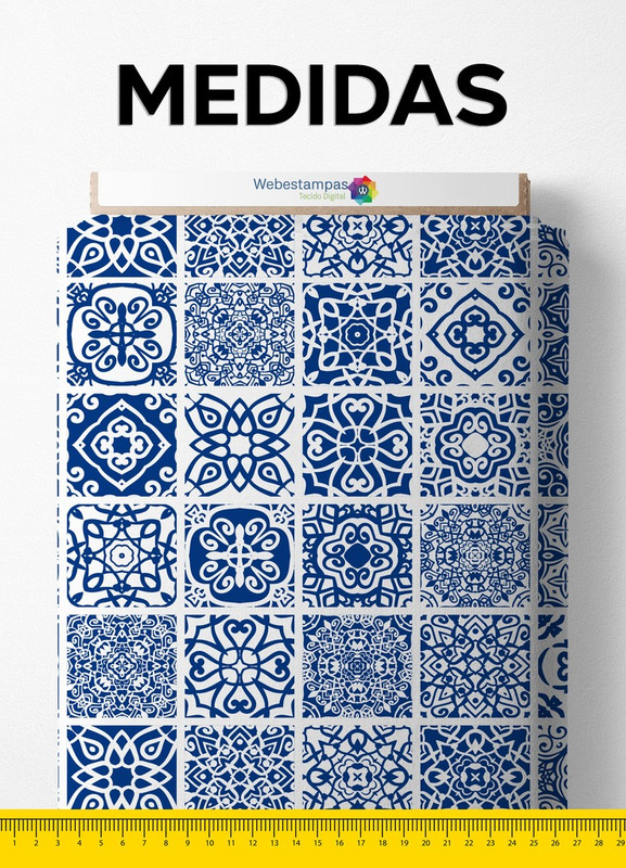 Tecido Helanca Estampa Digital Arabesco Azulejo Marinho 1,55m de Largura