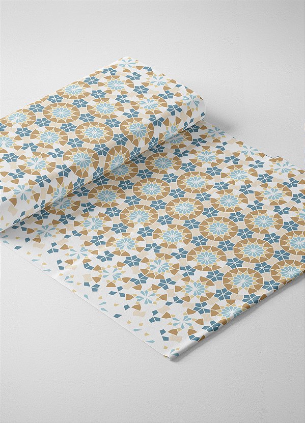 Tecido Helanca Estampa Digital Arabesco Mosaico Azul e Palha 1,55m de Largura