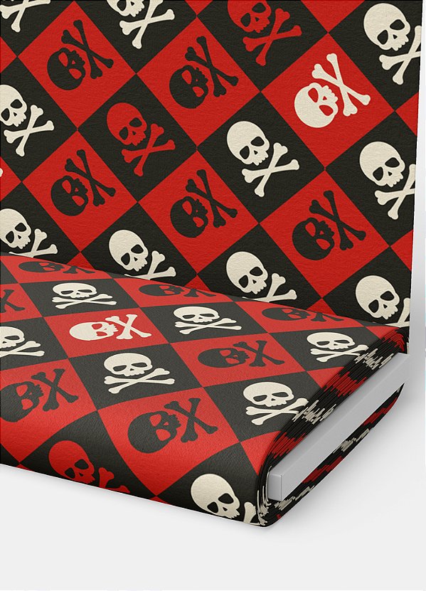 Tecido Helanca Estampa Digital Caveiras Quadriculado Preto e Vermelho 1,55m de Largura