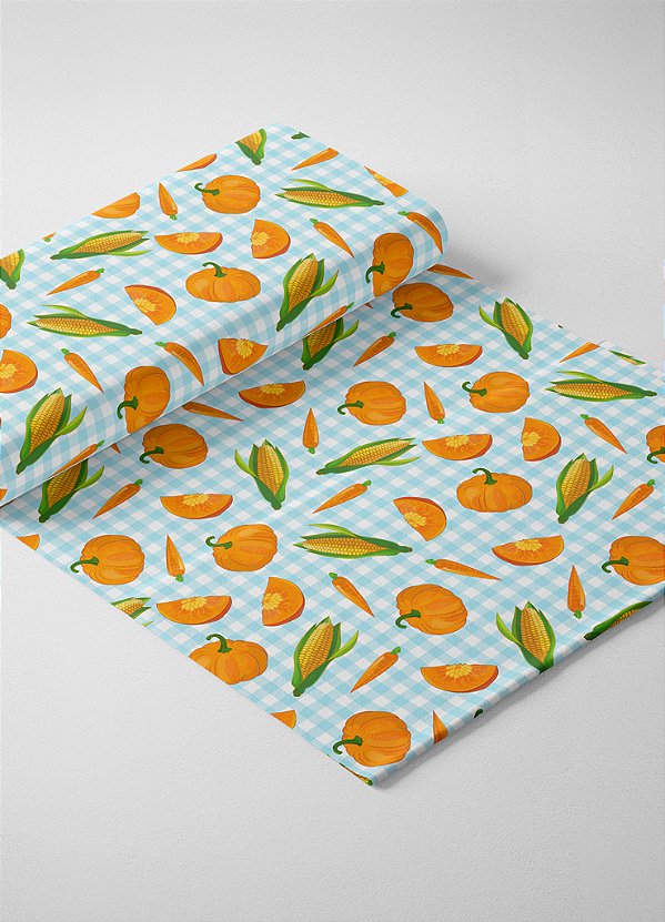 Tecido Helanca Estampa Digital Abóbora e Milho Xadrez 1,55m de Largura