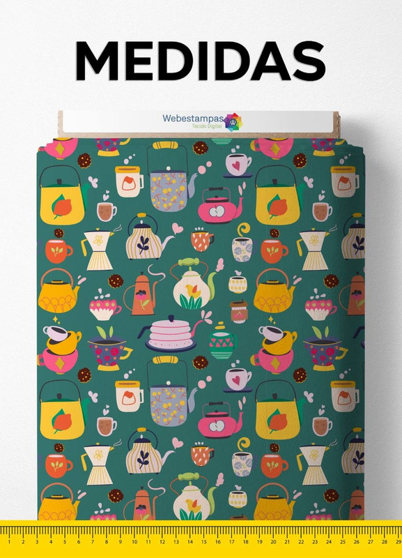 Tecido Helanca Estampa Digital Café e Chá Fundo Azul 1,55m de Largura