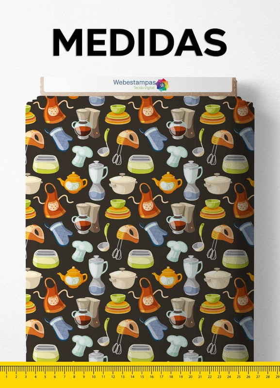 Tecido Helanca Estampa Digital Itens De Cozinha Fundo Preto 1,55m de Largura