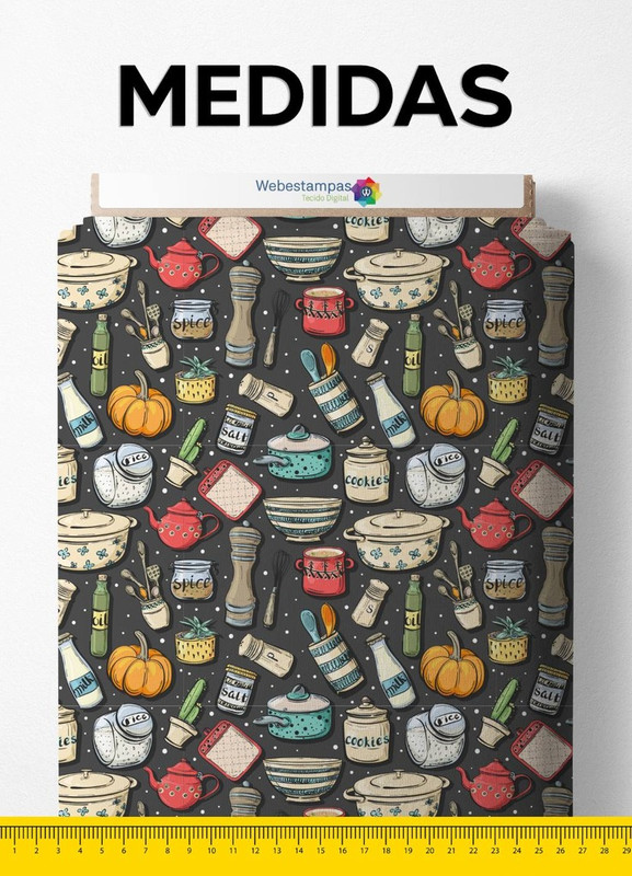 Tecido Helanca Estampa Digital Panelas e Temperos Coloridos 1,55m de Largura