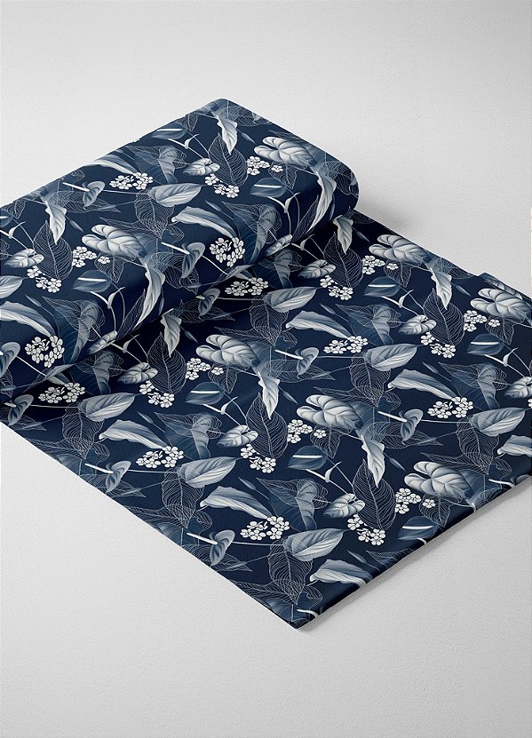 Tecido Helanca Estampa Digital Folhas Brancas Fundo Marinho 1,55m de Largura