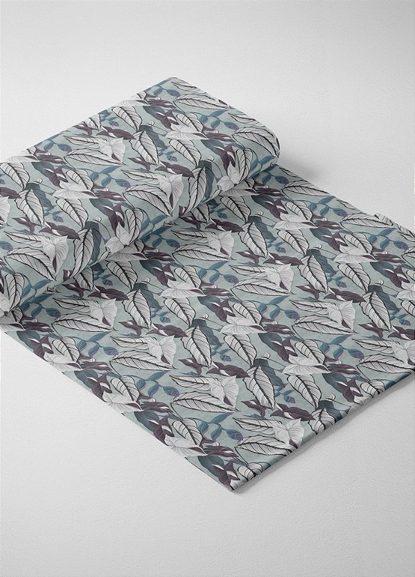 Tecido Helanca Estampa Digital Folhas Cinza Fundo Azul 1,55m de Largura