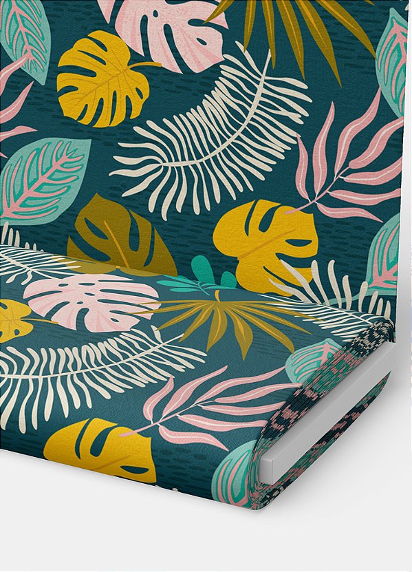 Tecido Helanca Estampa Digital Folhas Coloridas Fundo Marinho 1,55m de Largura