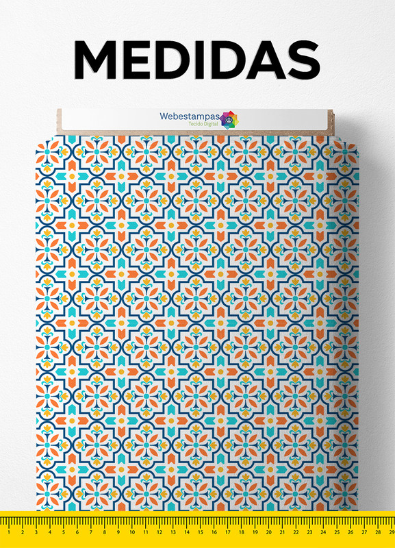 Tecido Velboa Estampa Digital Mosaico Azul e Laranja 1,55m de Largura