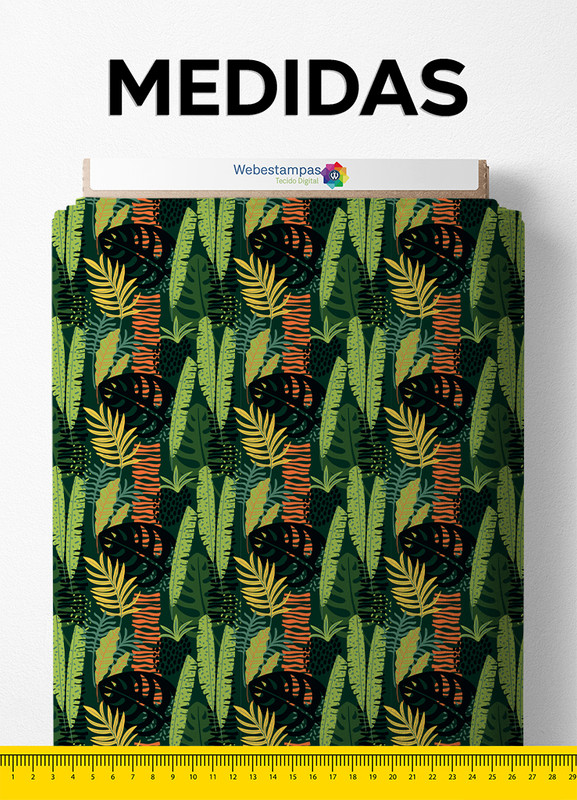 Tecido Velboa Estampa Digital Folhas Verdes e Pretas 1,55m de Largura