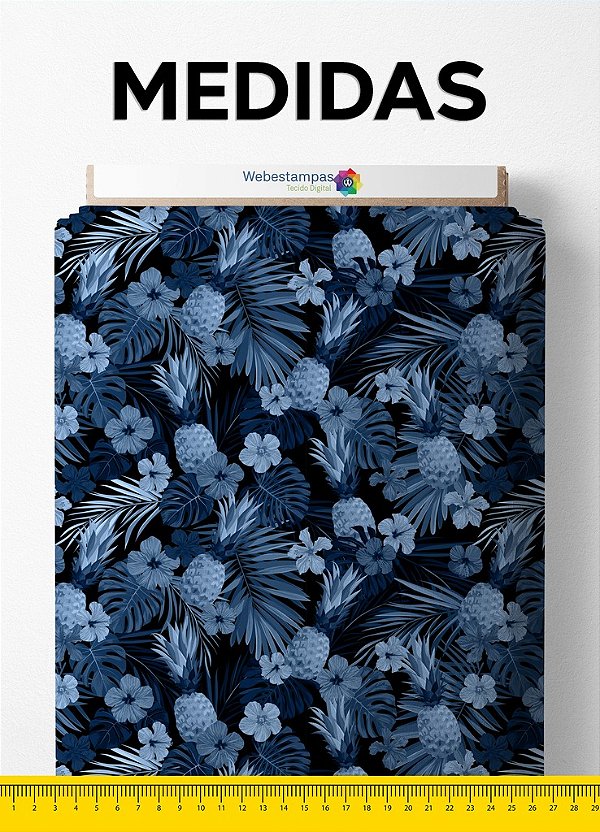 Tecido Veludo Suede Estampa Digital Folhagem Azul e Preto 1,40m de Largura
