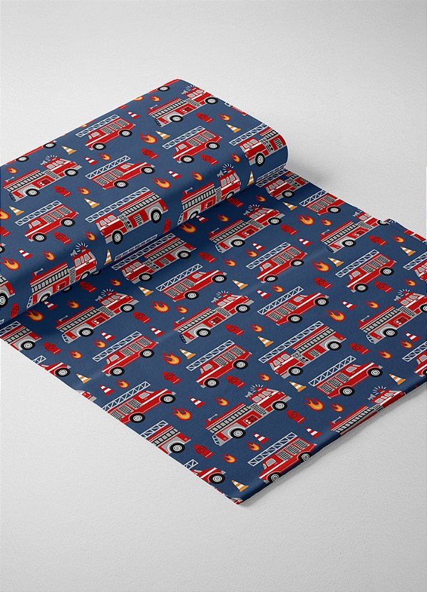 Tecido Veludo Suede Estampa Digital Bombeiros Fundo Azul 1,40m de Largura