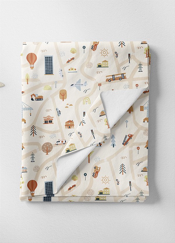 Tecido Veludo Suede Estampa Digital Cidade Fundo Bege 1,40m de Largura