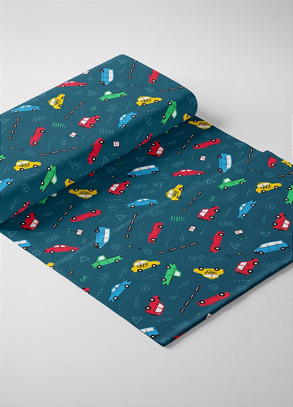 Tecido Veludo Suede Estampa Digital Trânsito Fundo Azul 1,40m de Largura