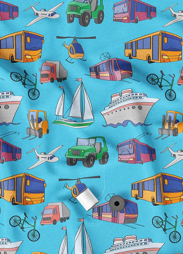 Tecido Veludo Suede Estampa Digital Transportes Fundo Azul 1,40m de Largura