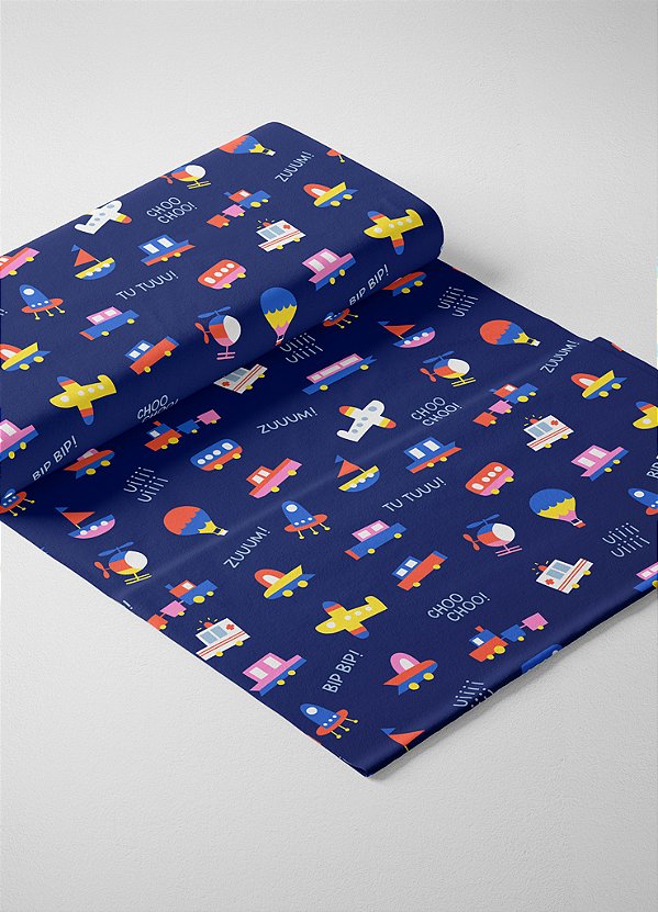 Tecido Veludo Suede Estampa Digital Transportes Fundo Marinho 1,40m de Largura