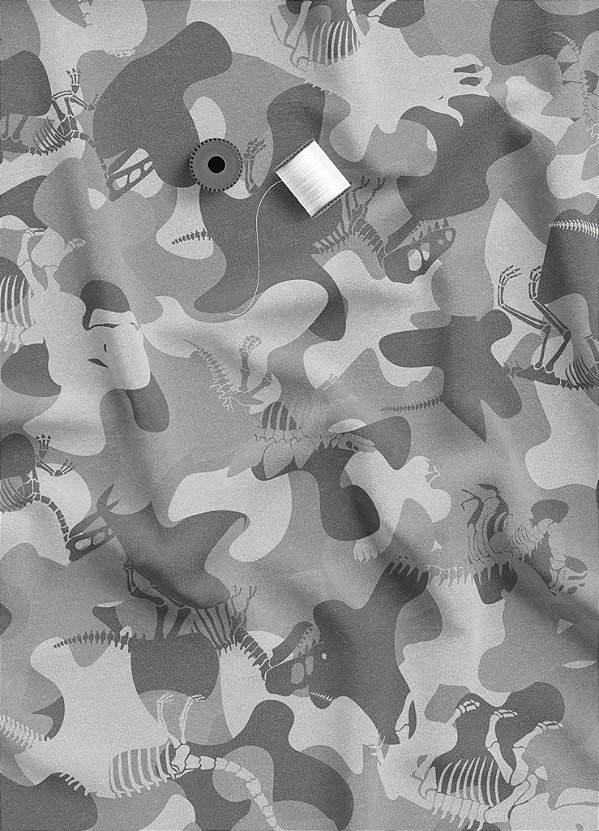 Tecido Veludo Suede Estampa Digital Camuflagem Cinza e Dinos 1,40m de Largura