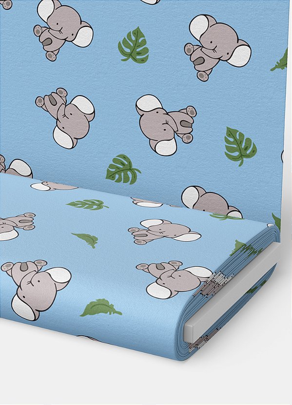 Tecido Veludo Suede Estampa Digital Elefantinho Fundo Azul 1,40m de Largura