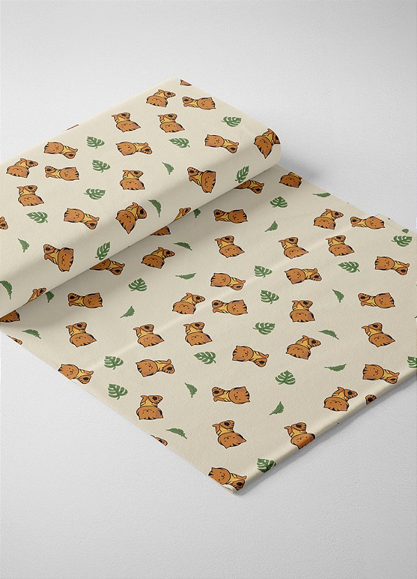 Tecido Veludo Suede Estampa Digital Gatinho Fundo Palha 1,40m de Largura