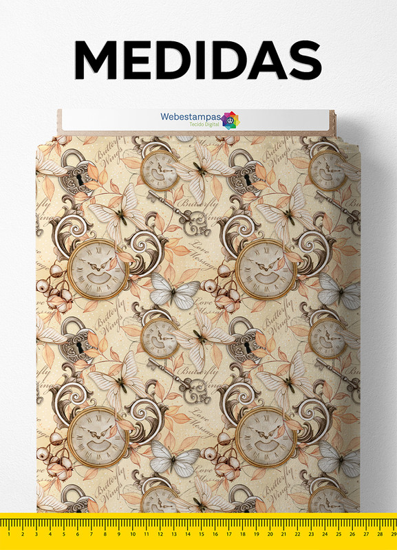 Tecido Veludo Suede Estampa Digital  Flores Relogios e Borboletas 1,40m de Largura