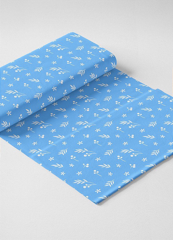 Tecido Veludo Suede Estampa Digital  Raminhos Branco Fundo Azul 1,40m de Largura