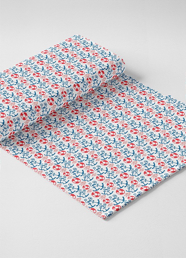 Tecido Veludo Suede Estampa Digital  Boias e Ancoras Azul e Vermelho 1,40m de Largura