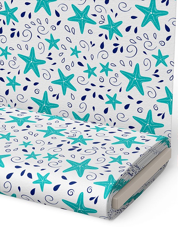 Tecido Veludo Suede Estampa Digital  Estrela Do Mar Azul 1,40m de Largura