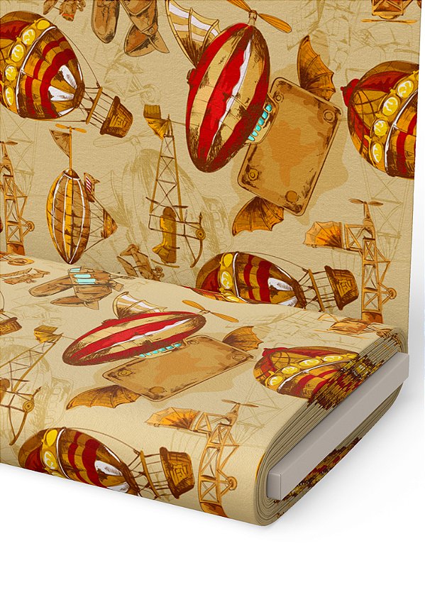 Tecido Veludo Suede Estampa Digital Viagem de Balão 1,40m de Largura