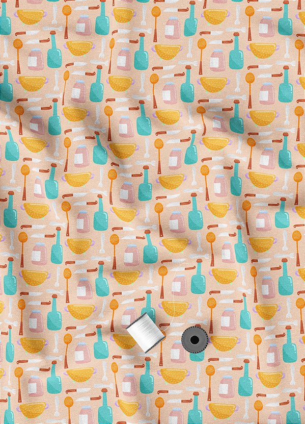 Tecido Veludo Suede Estampa Digital Cozinha Feliz 1,40m de Largura