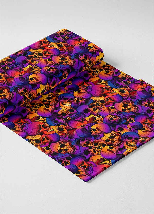 Tecido Veludo Suede Estampa Digital Caveira Mosaico Neon 1,40m de Largura