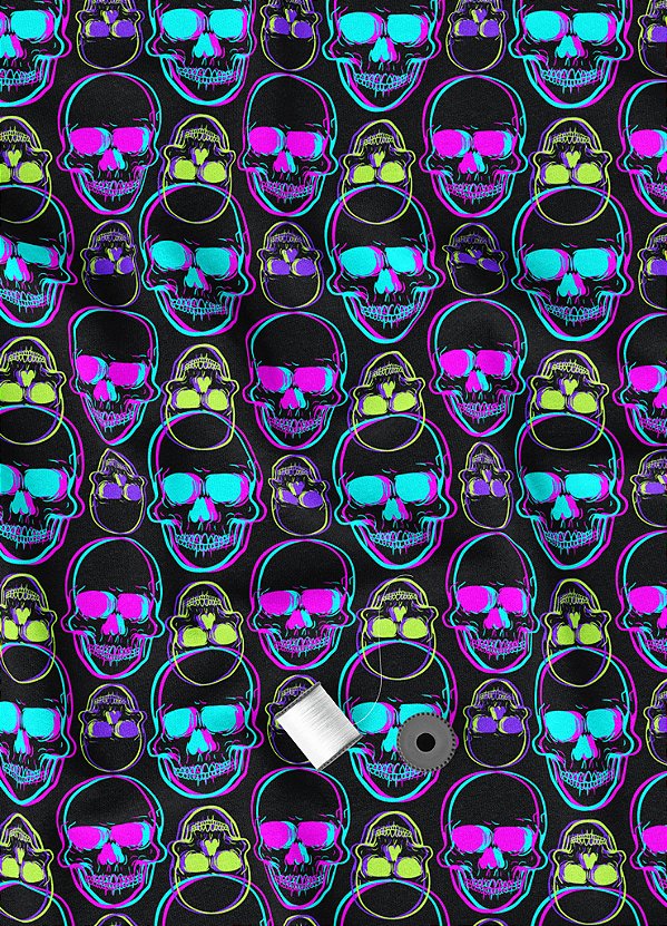 Tecido Veludo Suede Estampa Digital Caveira Neon 1,40m de Largura