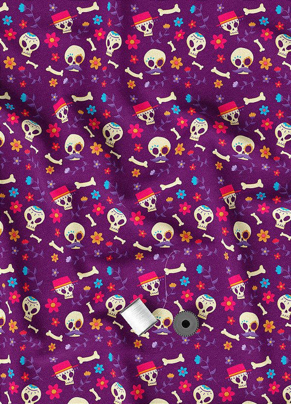 Tecido Veludo Suede Estampa Digital Caveira Ossos e Flores 1,40m de Largura