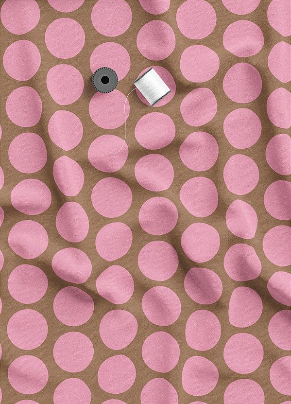 Tecido Veludo Suede Estampa Digital  Poa Grande Rosa Fundo Marrom 1,40m de Largura