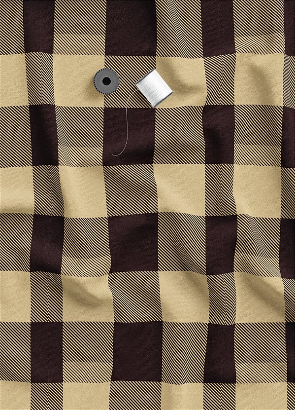 Tecido Veludo Suede Estampa Digital  Xadrez Marrom e Palha 1,40m de Largura