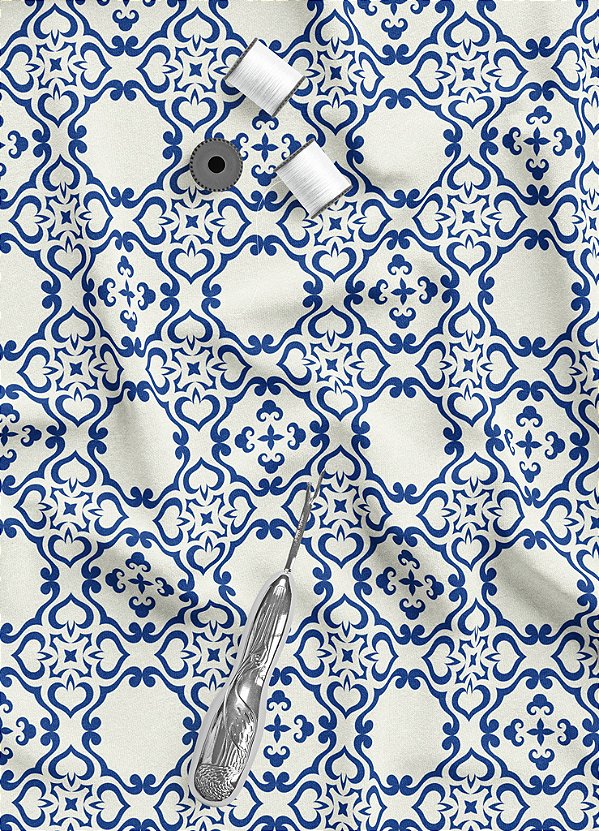 Tecido Veludo Suede Estampa Digital Arabesco Azul Braga 1,40m de Largura