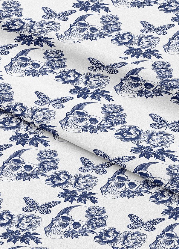 Tecido Veludo Suede Estampa Digital Caveiras Flores e Borboletas 1,40m de Largura