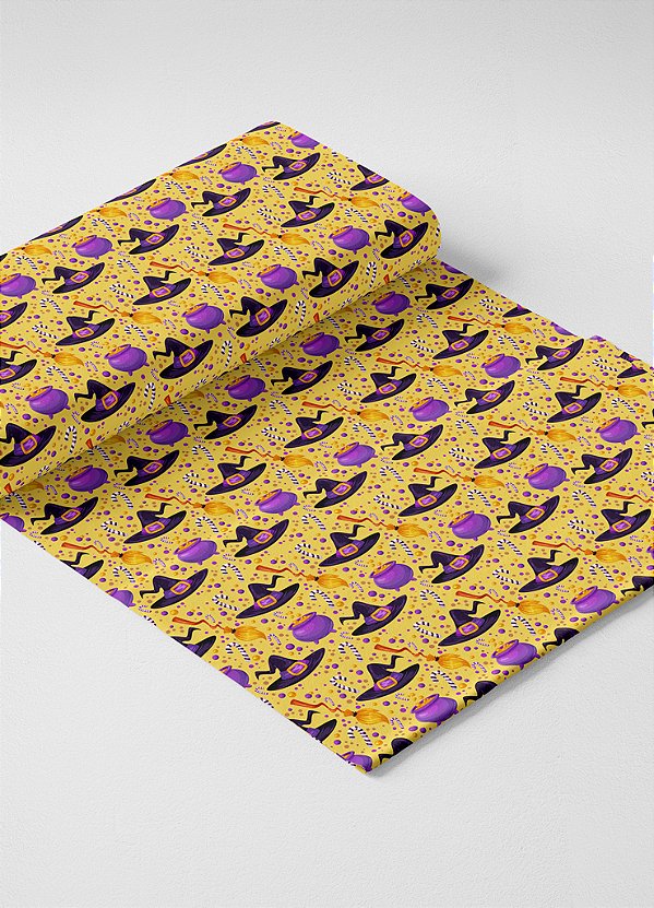 Tecido Veludo Suede Estampa Digital Chapéu de Bruxa Halloween 1,40m de Largura