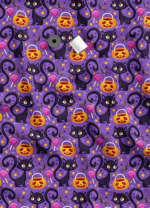 Tecido Veludo Suede Estampa Digital Gato Preto Halloween 1,40m de Largura