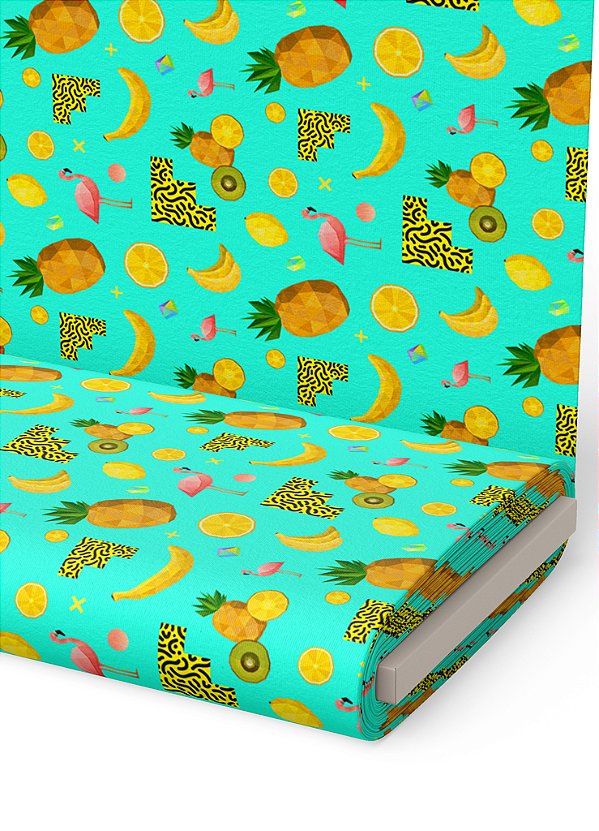 Tecido Veludo Suede Estampa Digital Flamingo e Frutas 1,40m de Largura